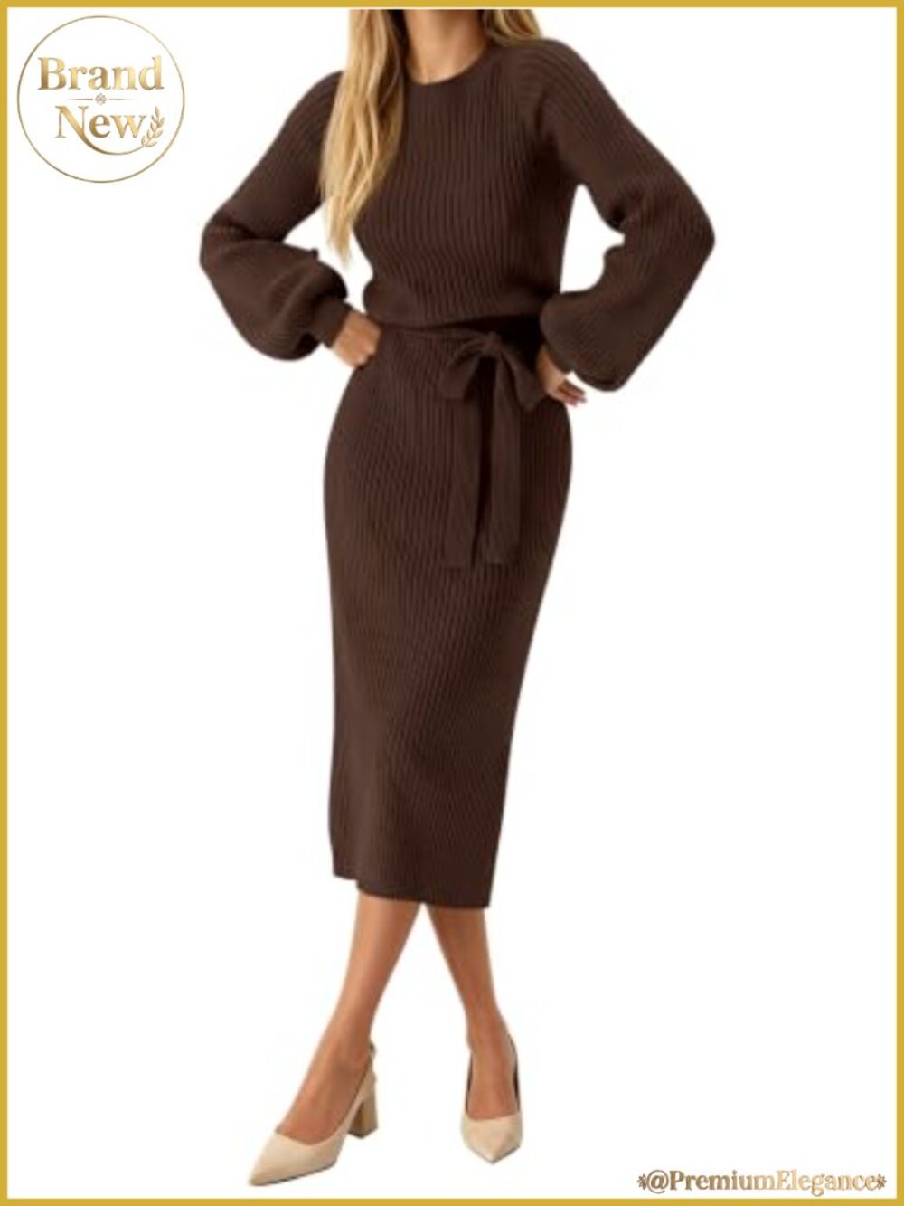 Ribbed Knit Sweater Dress Back Slit Tie Waist Midi Bodycon Dress